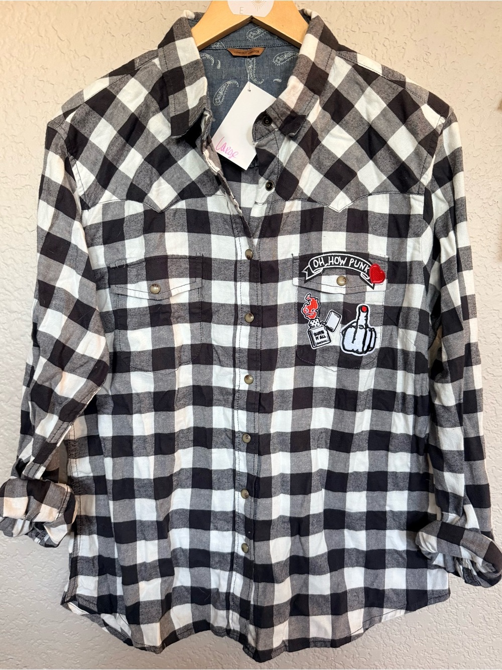UPCYCLED PUNK PATCH WHITE BUFFALO PLAID SHIRT, LARGE